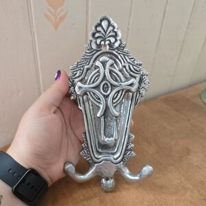 Gothic Wall Hanging Hook Cross Triple Ornate Silver Cast Aluminum Coats Hat